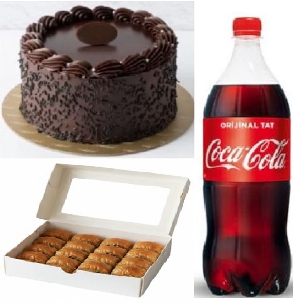 2-3 Kişilik Çikolatalı Yaş Pasta (1 Adet), 1 kg Cevizli Baklava (1 Adet), 1 Litre Kola (1 Adet) Antalya pasta